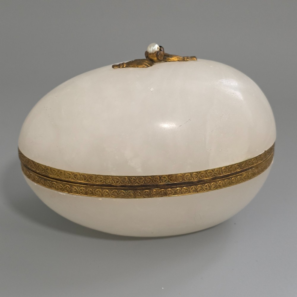Large Antique Alabaster Egg Jewellery Box c1900 Hinged Trinket Box Hand & Pearl Decoration