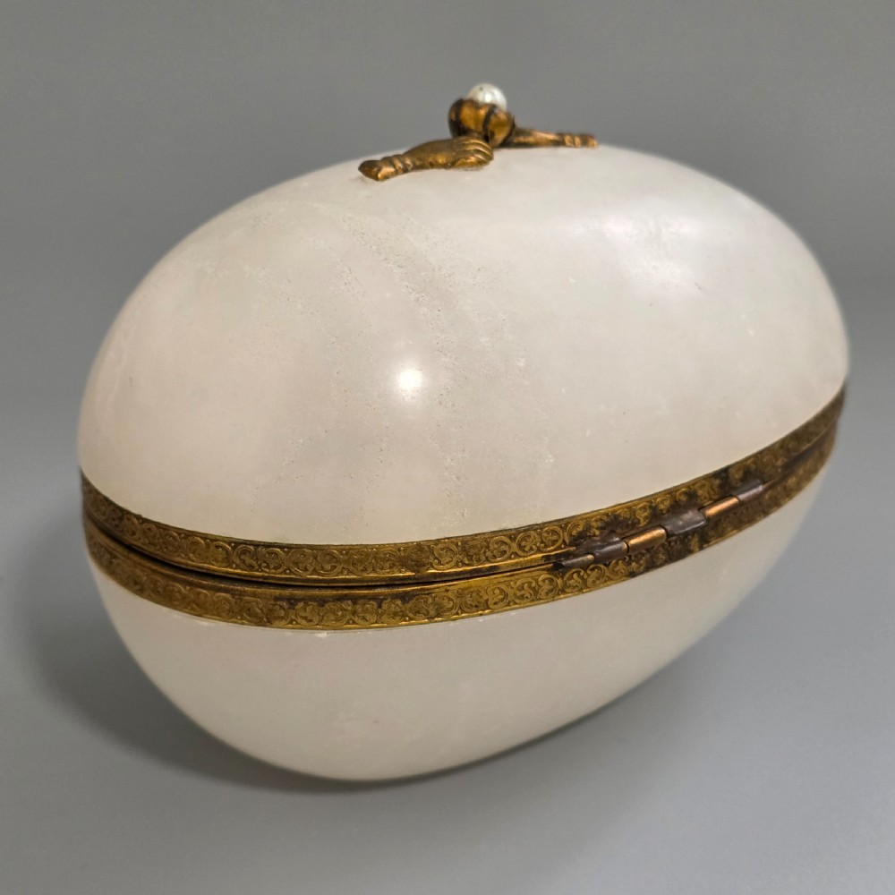 Large Antique Alabaster Egg Jewellery Box c1900 Hinged Trinket Box Hand & Pearl Decoration View II