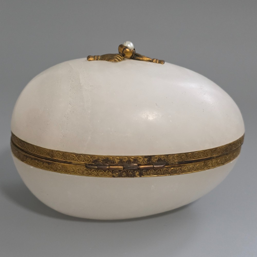 Large Antique Alabaster Egg Jewellery Box c1900 Hinged Trinket Box Hand & Pearl Decoration View III