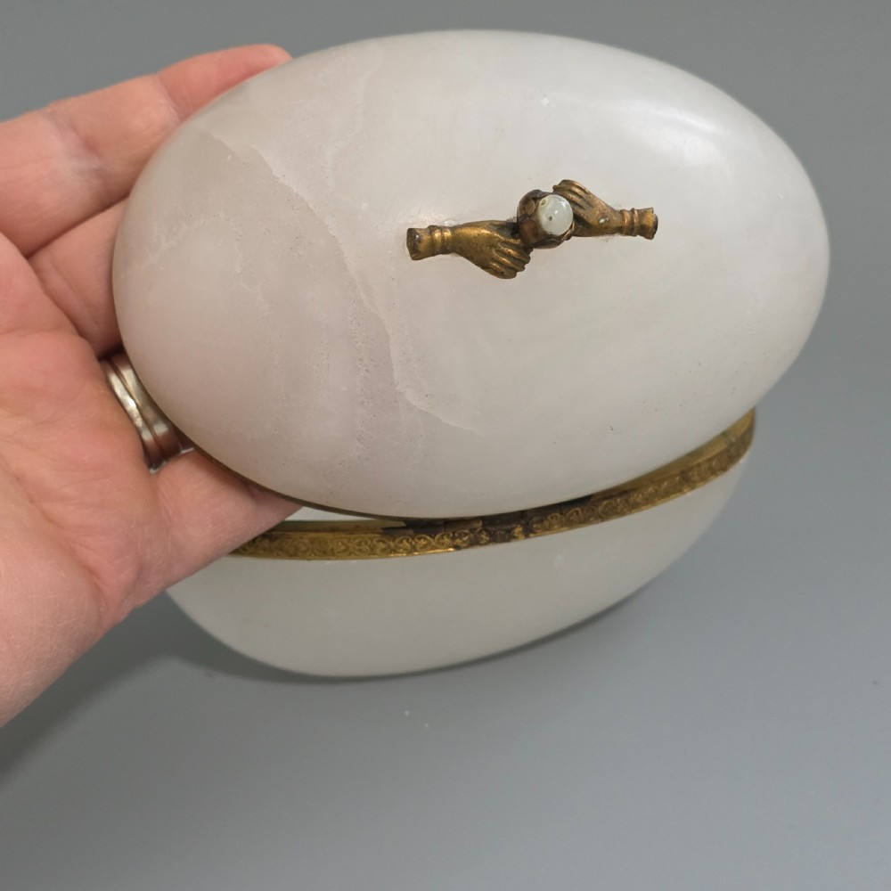 Large Antique Alabaster Egg Jewellery Box c1900 Hinged Trinket Box Hand & Pearl Decoration View IV