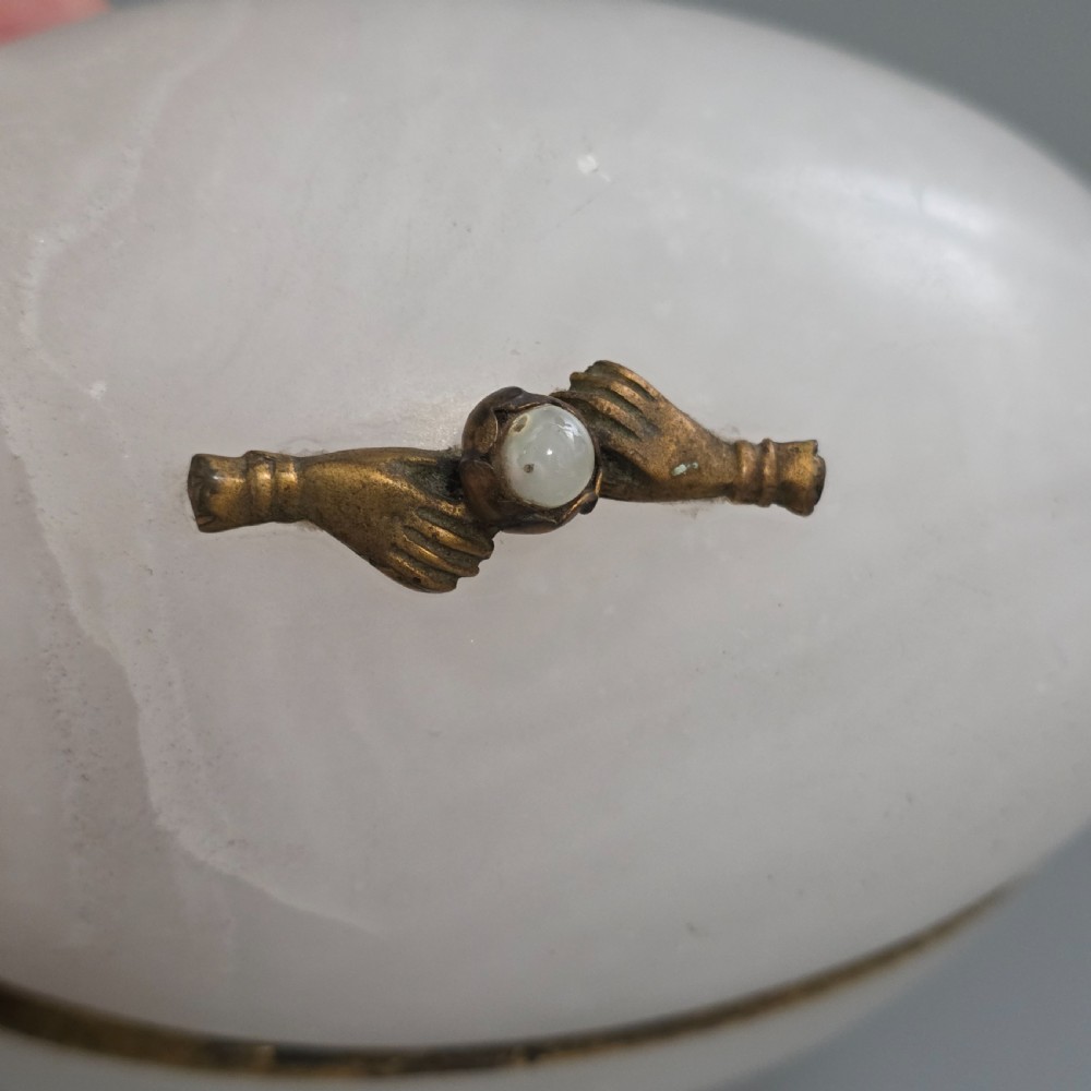 Large Antique Alabaster Egg Jewellery Box c1900 Hinged Trinket Box Hand & Pearl Decoration View V