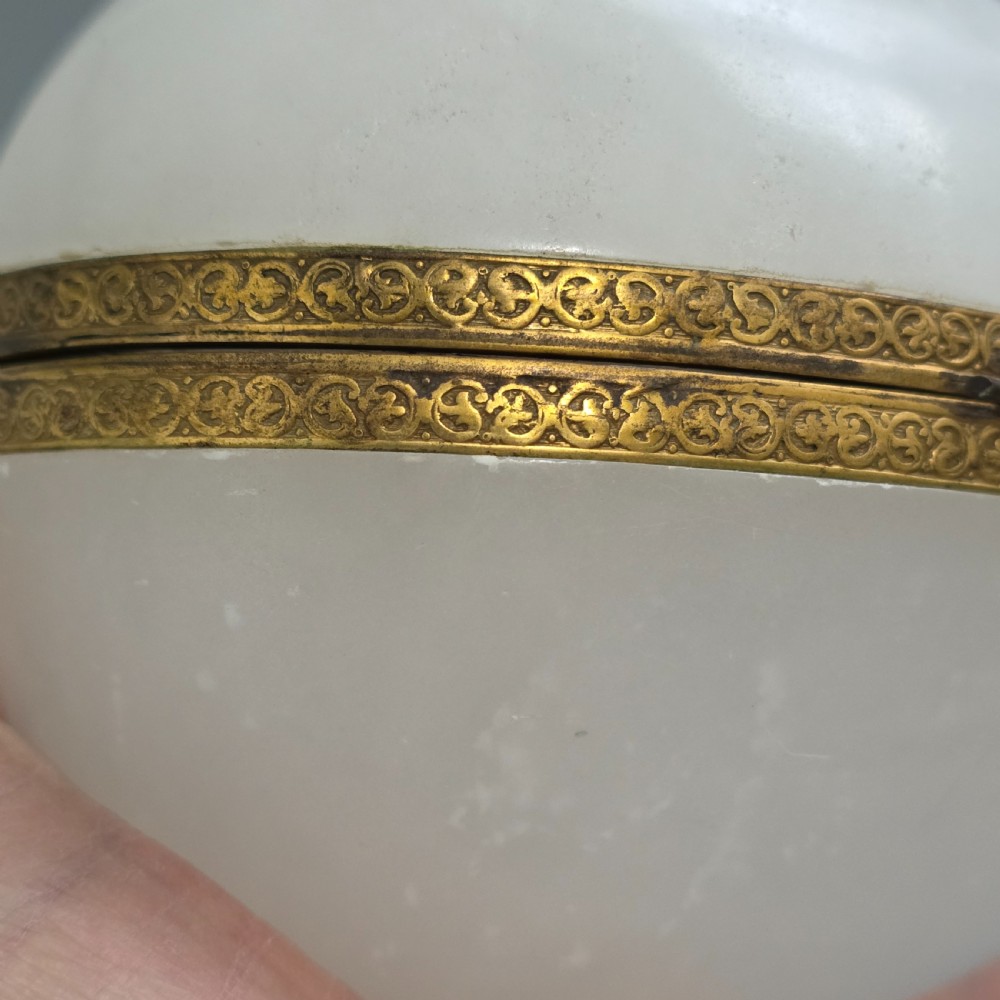 Large Antique Alabaster Egg Jewellery Box c1900 Hinged Trinket Box Hand & Pearl Decoration View VII