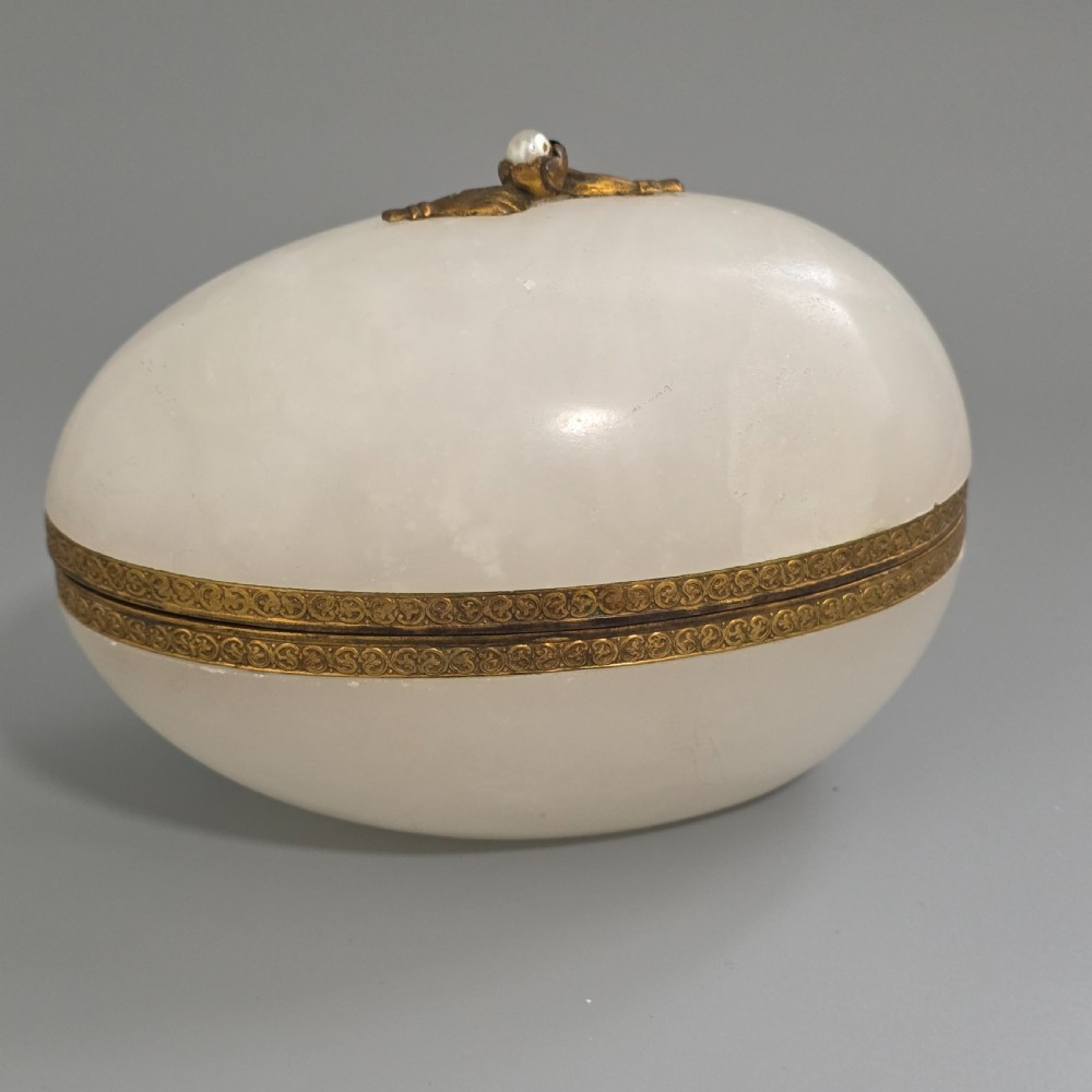 Large Antique Alabaster Egg Jewellery Box c1900 Hinged Trinket Box Hand & Pearl Decoration View VIII