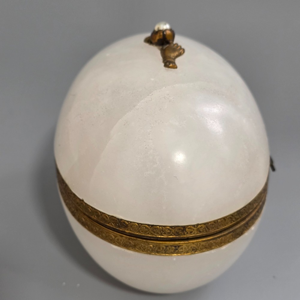 Large Antique Alabaster Egg Jewellery Box c1900 Hinged Trinket Box Hand & Pearl Decoration View IX