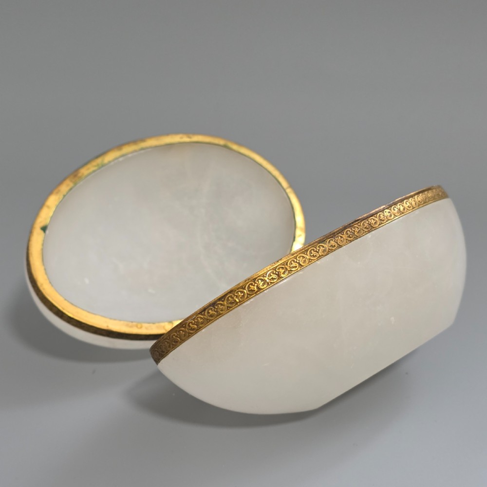 Large Antique Alabaster Egg Jewellery Box c1900 Hinged Trinket Box Hand & Pearl Decoration View X