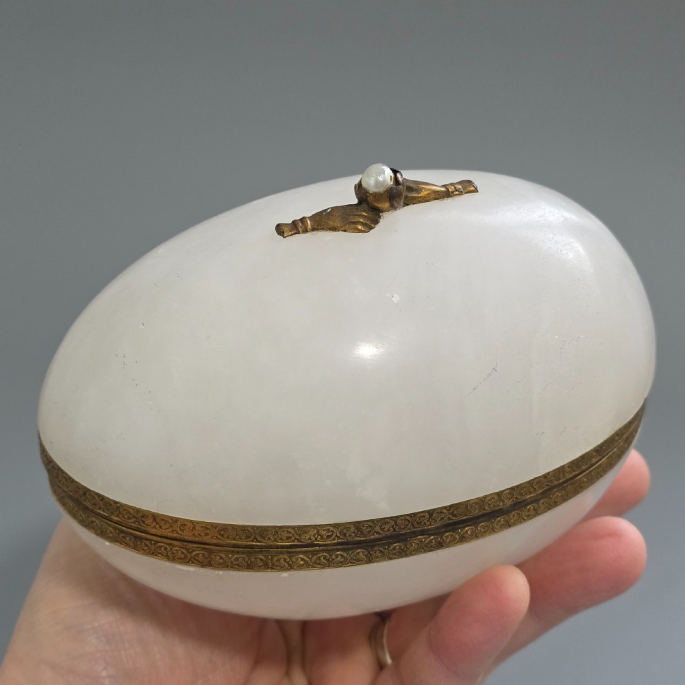 Large Antique Alabaster Egg Jewellery Box c1900 Hinged Trinket Box Hand & Pearl Decoration View XI
