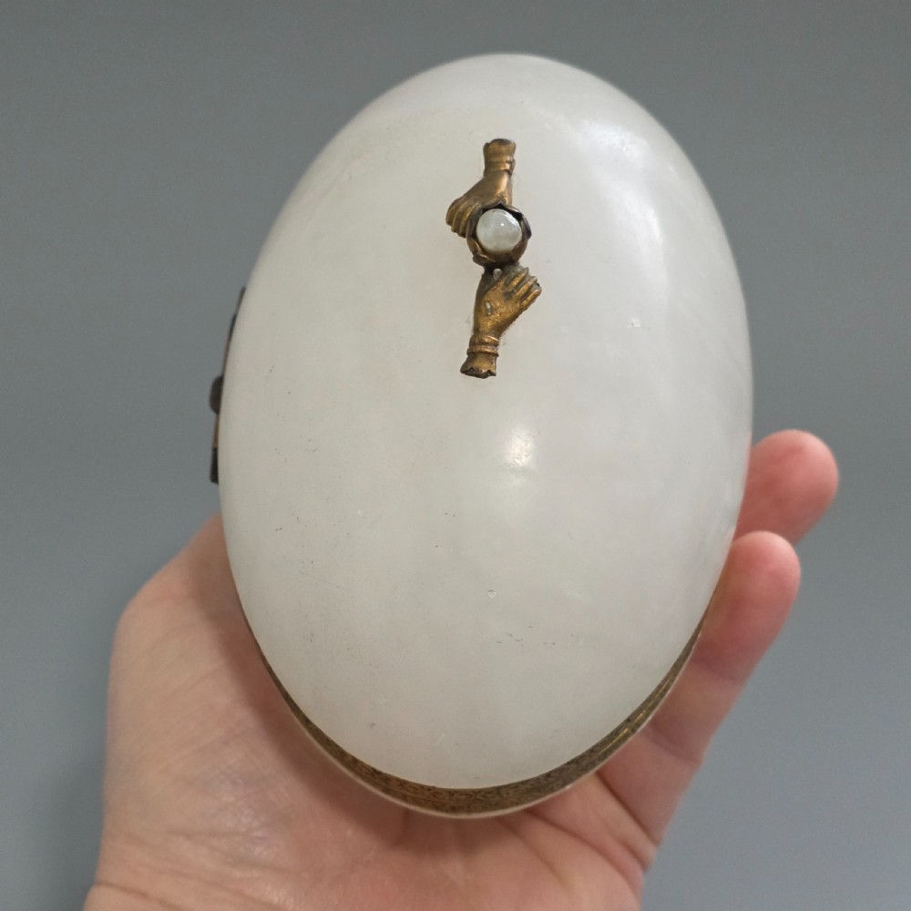 Large Antique Alabaster Egg Jewellery Box c1900 Hinged Trinket Box Hand & Pearl Decoration View XII