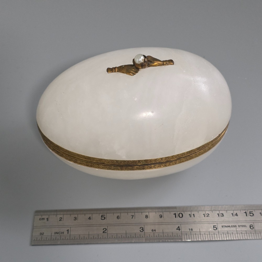Large Antique Alabaster Egg Jewellery Box c1900 Hinged Trinket Box Hand & Pearl Decoration View XIII