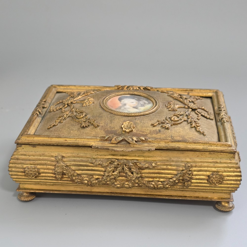 Antique French Gilt Bronze Brass Jewellery Casket Miniature Portrait Box 19thC View II