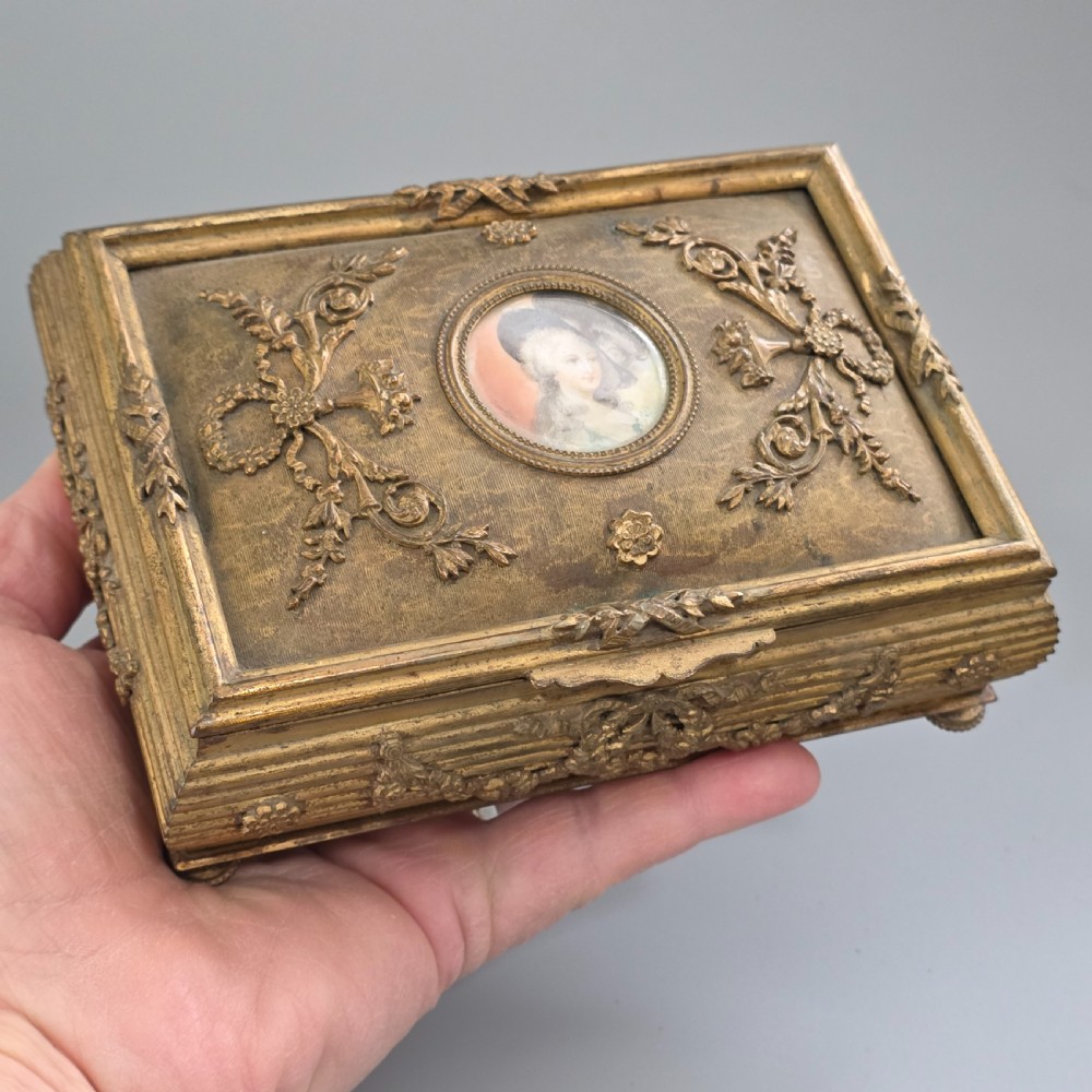 Antique French Gilt Bronze Brass Jewellery Casket Miniature Portrait Box 19thC View X