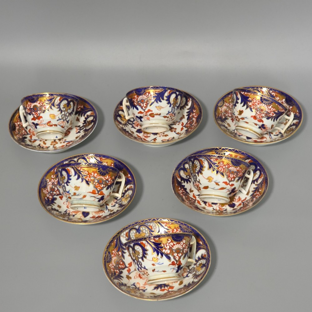 Antique Samson Hancock Derby Imari King’s Pattern Cups & Saucers Set 6 c1860s View II