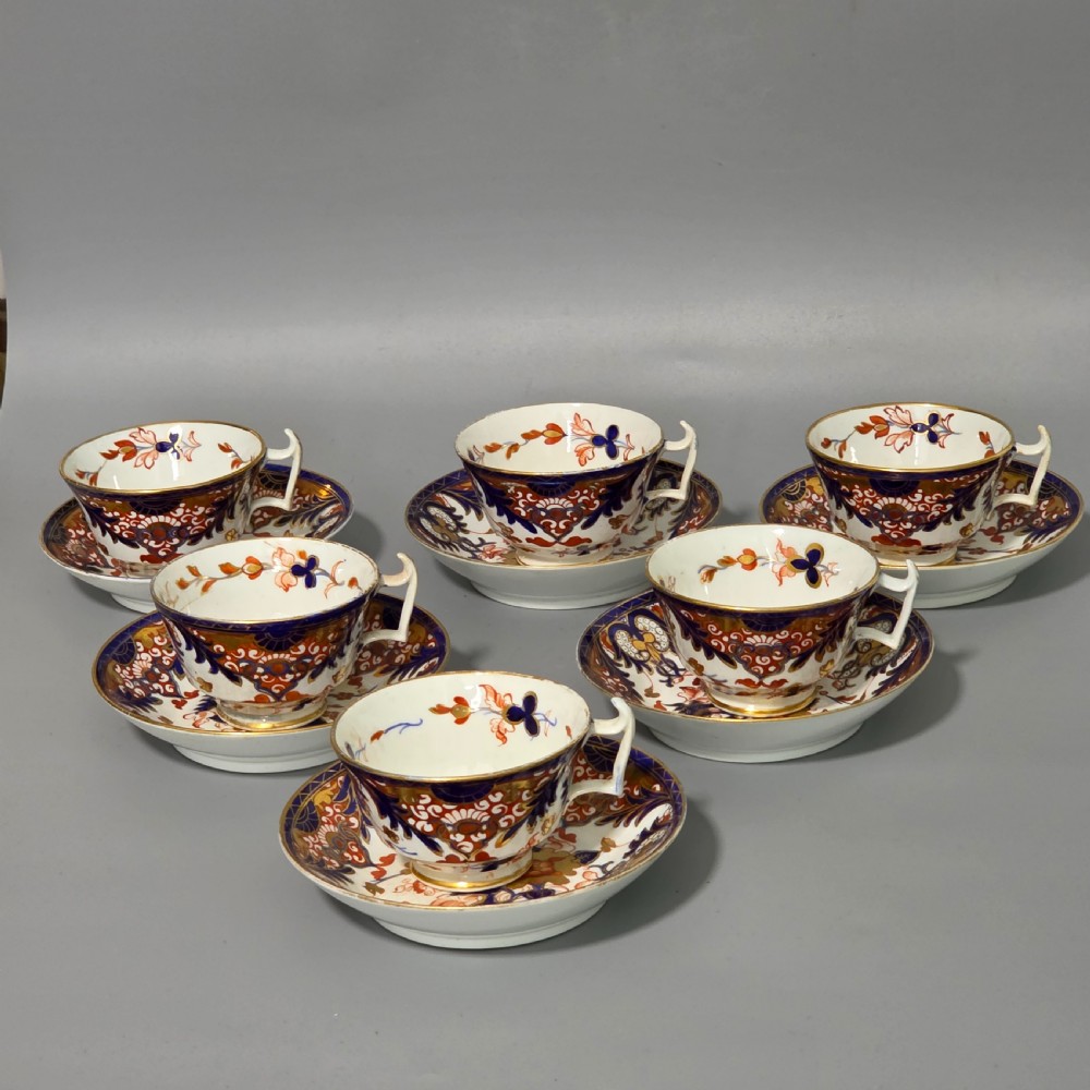 Antique Samson Hancock Derby Imari King’s Pattern Cups & Saucers Set 6 c1860s