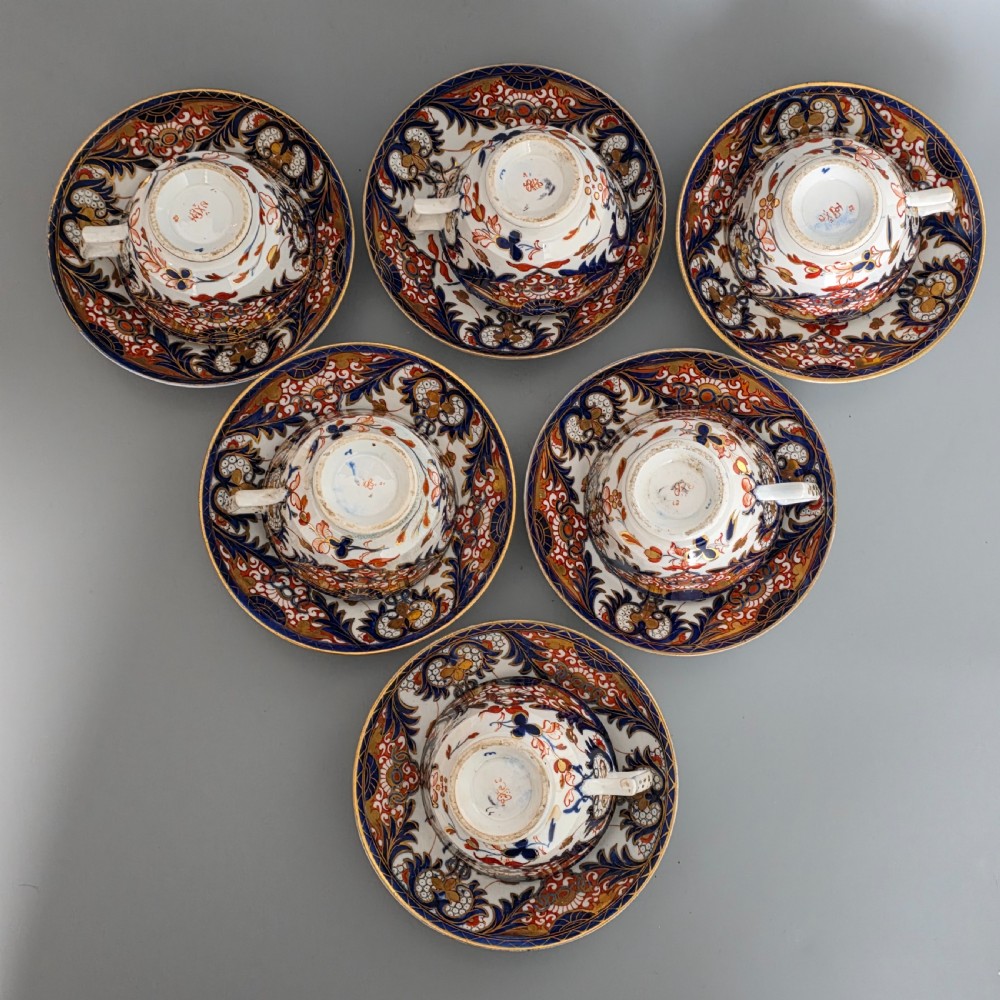 Antique Samson Hancock Derby Imari King’s Pattern Cups & Saucers Set 6 c1860s View III