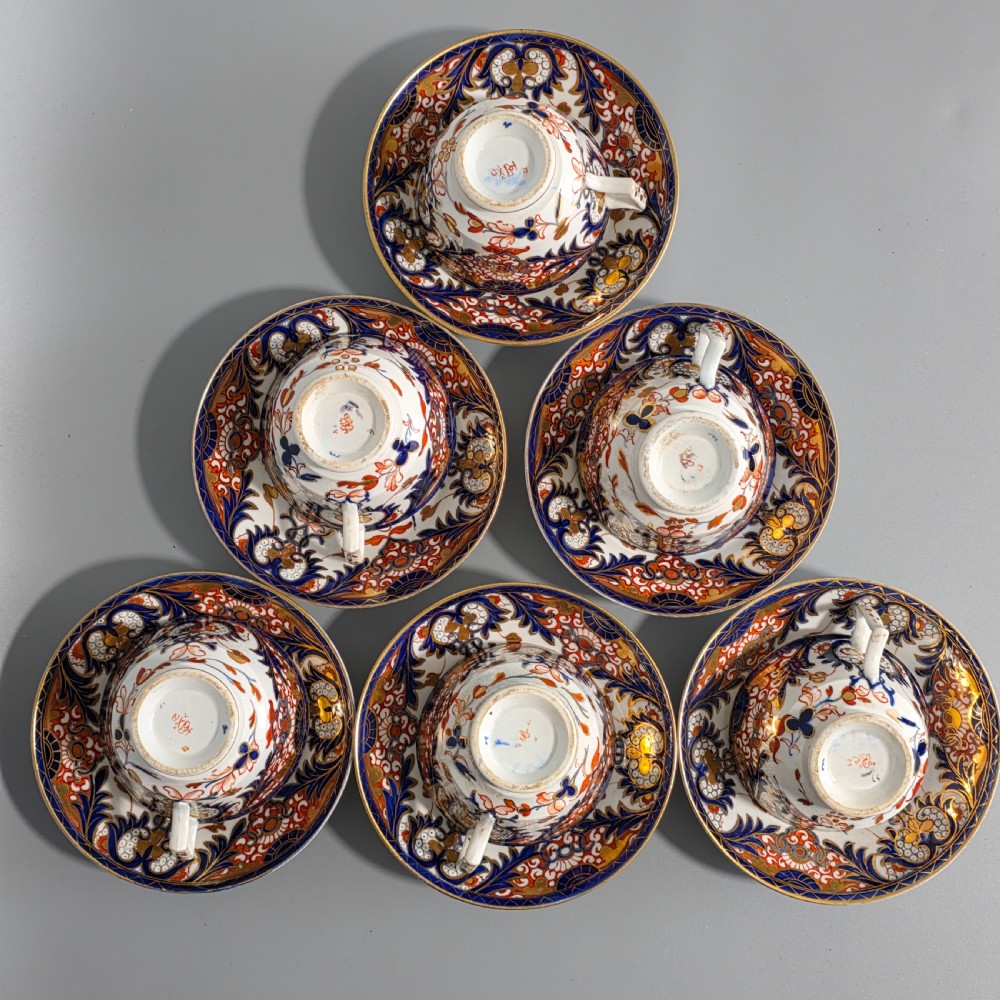 Antique Samson Hancock Derby Imari King’s Pattern Cups & Saucers Set 6 c1860s View IV