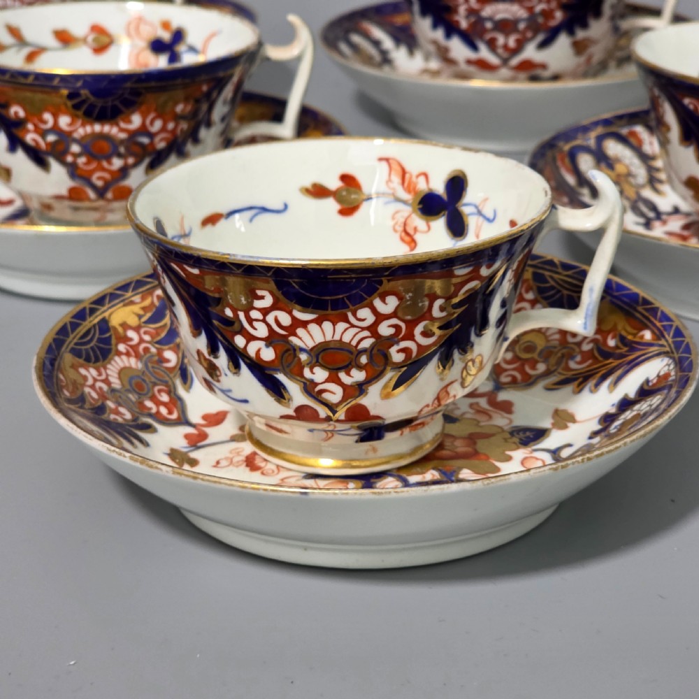 Antique Samson Hancock Derby Imari King’s Pattern Cups & Saucers Set 6 c1860s View V