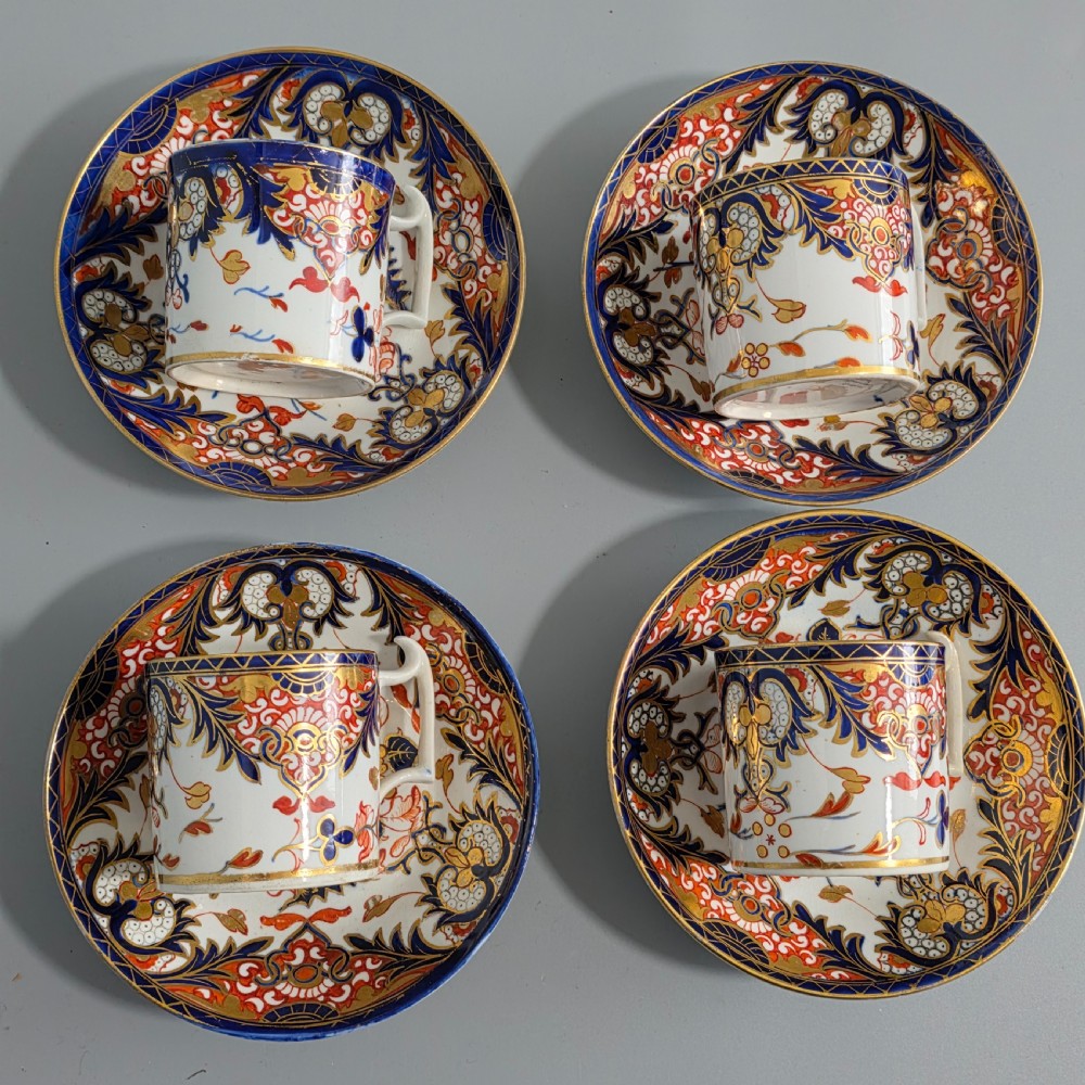 Set of 4 x Antique Samson Hancock Derby Imari Pattern Coffee Cans & Saucers – King’s Pattern – Circa 1860s