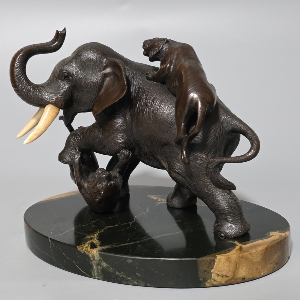 Antique Japanese Bronze Okimono Elephant Fighting Two Tigers, Bone Tusks,  Genryusai Seiya Sasku Meiji Showa