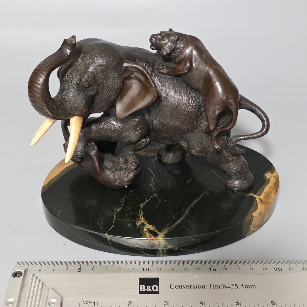 Antique Japanese Bronze Okimono Elephant Fighting Two Tigers, Bone Tusks,  Genryusai Seiya Sasku Meiji Showa View II