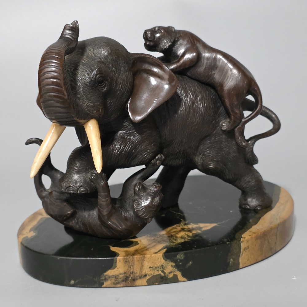 Antique Japanese Bronze Okimono Elephant Fighting Two Tigers, Bone Tusks,  Genryusai Seiya Sasku Meiji Showa View III