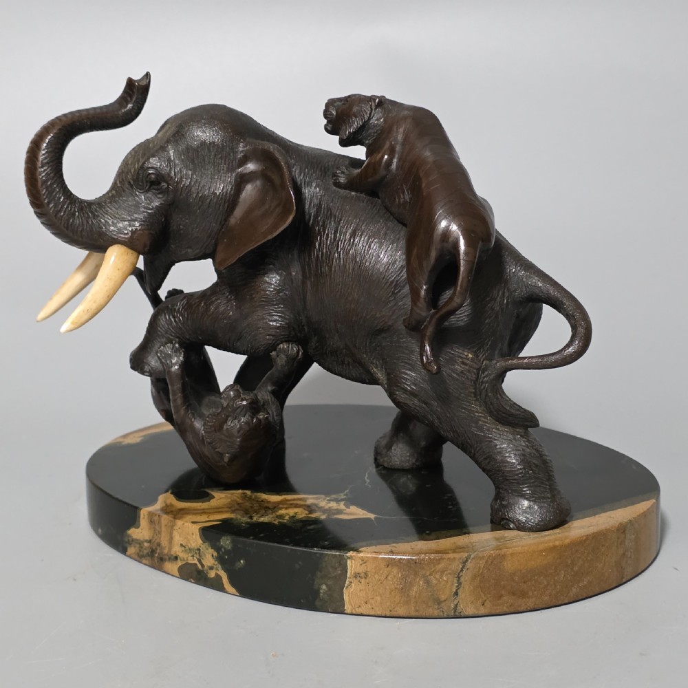 Antique Japanese Bronze Okimono Elephant Fighting Two Tigers, Bone Tusks,  Genryusai Seiya Sasku Meiji Showa View IV