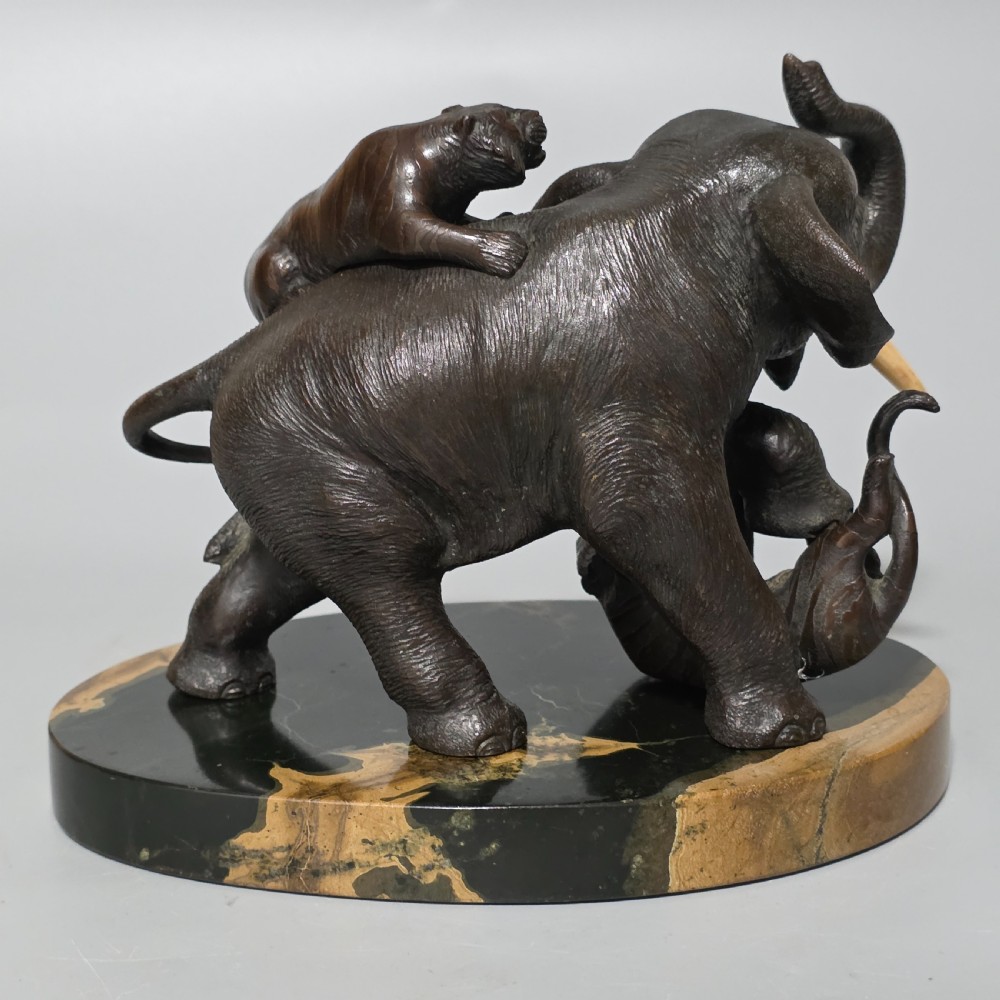 Antique Japanese Bronze Okimono Elephant Fighting Two Tigers, Bone Tusks,  Genryusai Seiya Sasku Meiji Showa View V