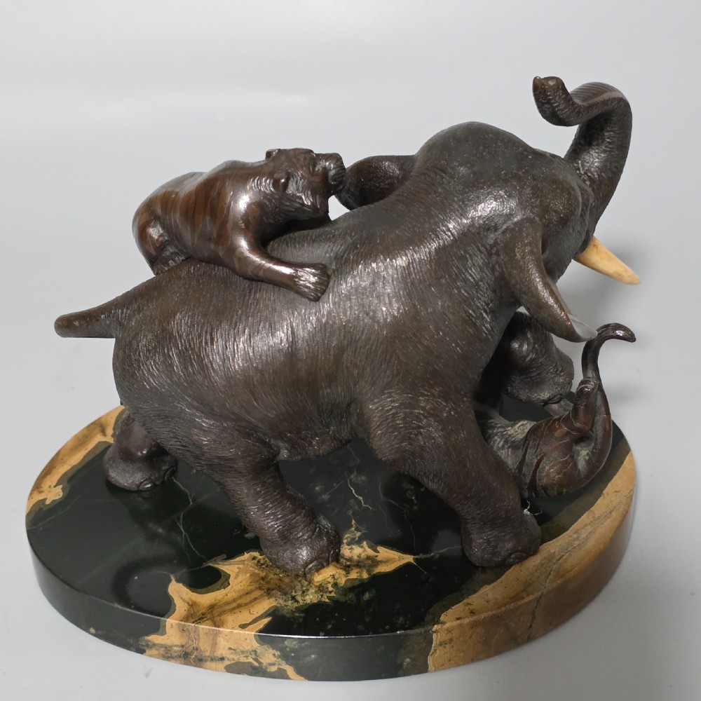 Antique Japanese Bronze Okimono Elephant Fighting Two Tigers, Bone Tusks,  Genryusai Seiya Sasku Meiji Showa View VI