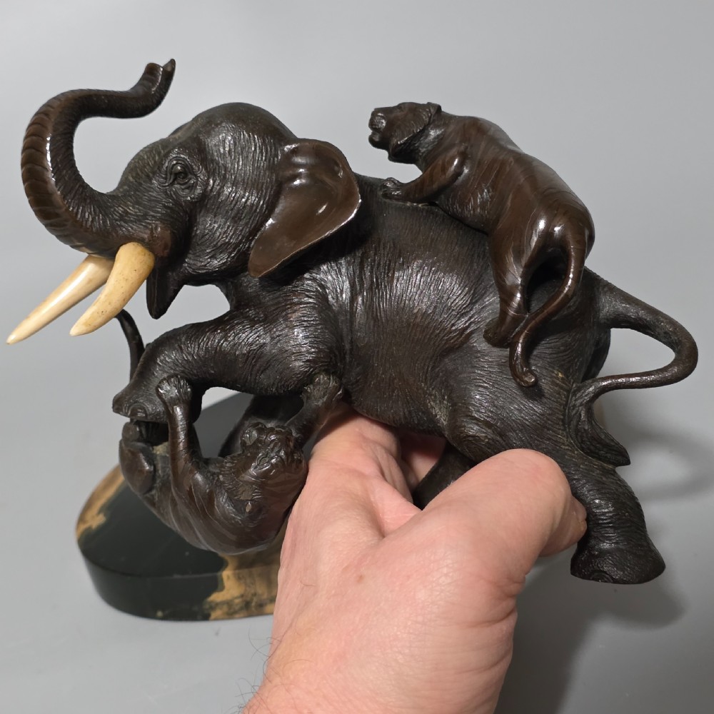 Antique Japanese Bronze Okimono Elephant Fighting Two Tigers, Bone Tusks,  Genryusai Seiya Sasku Meiji Showa View VII
