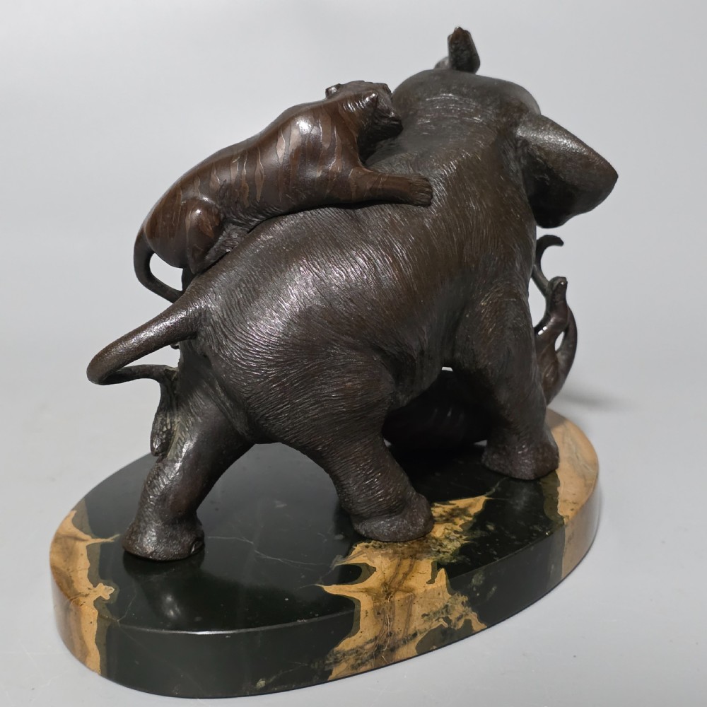Antique Japanese Bronze Okimono Elephant Fighting Two Tigers, Bone Tusks,  Genryusai Seiya Sasku Meiji Showa View VIII