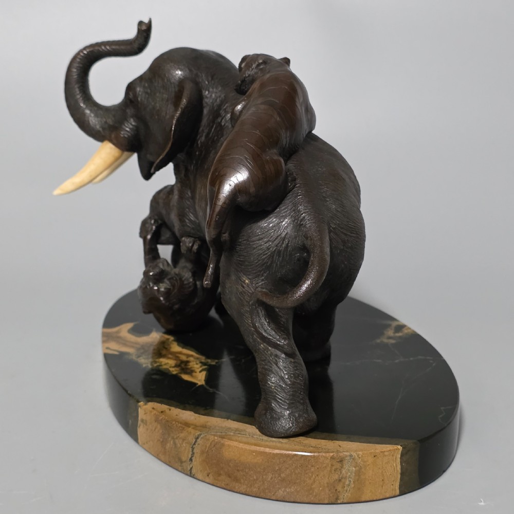 Antique Japanese Bronze Okimono Elephant Fighting Two Tigers, Bone Tusks,  Genryusai Seiya Sasku Meiji Showa View IX