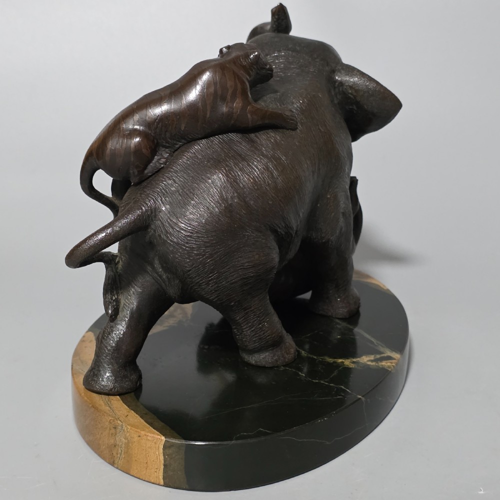 Antique Japanese Bronze Okimono Elephant Fighting Two Tigers, Bone Tusks,  Genryusai Seiya Sasku Meiji Showa View X