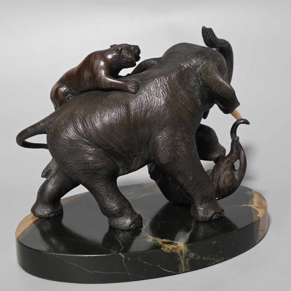 Antique Japanese Bronze Okimono Elephant Fighting Two Tigers, Bone Tusks,  Genryusai Seiya Sasku Meiji Showa View XI