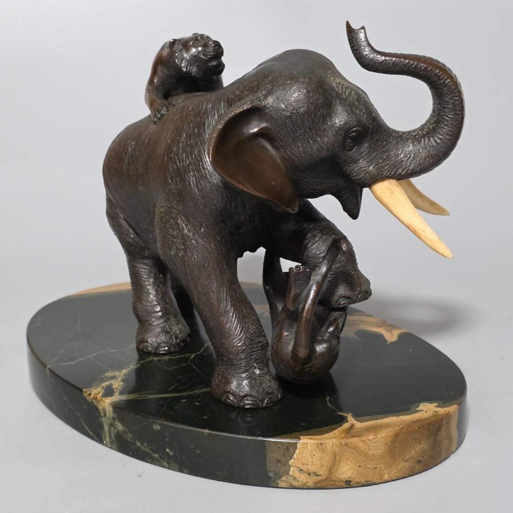 Antique Japanese Bronze Okimono Elephant Fighting Two Tigers, Bone Tusks,  Genryusai Seiya Sasku Meiji Showa View XII