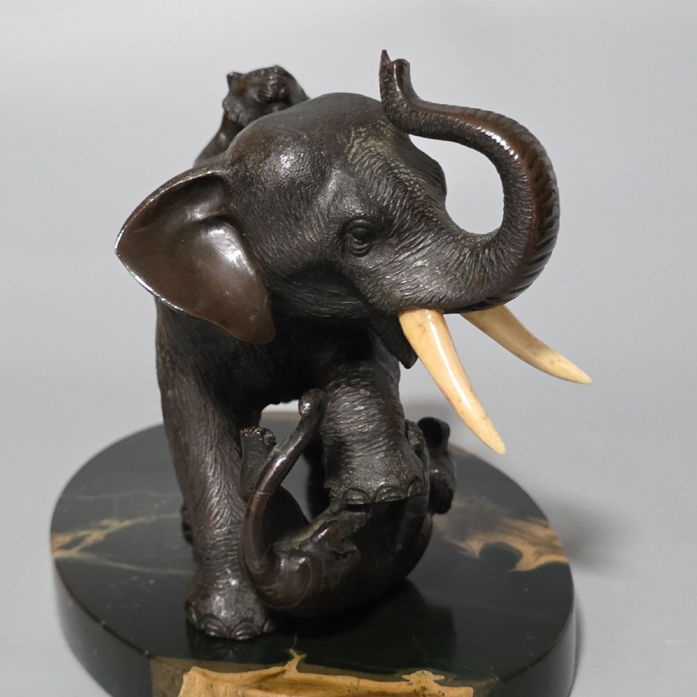 Antique Japanese Bronze Okimono Elephant Fighting Two Tigers, Bone Tusks,  Genryusai Seiya Sasku Meiji Showa View XIII