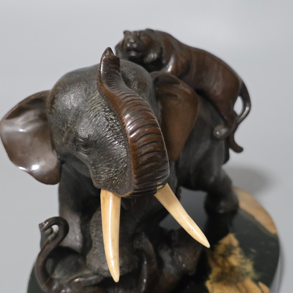 Antique Japanese Bronze Okimono Elephant Fighting Two Tigers, Bone Tusks,  Genryusai Seiya Sasku Meiji Showa View XIV