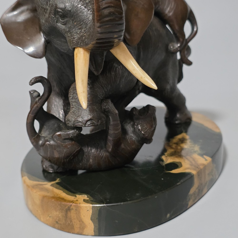 Antique Japanese Bronze Okimono Elephant Fighting Two Tigers, Bone Tusks,  Genryusai Seiya Sasku Meiji Showa View XV