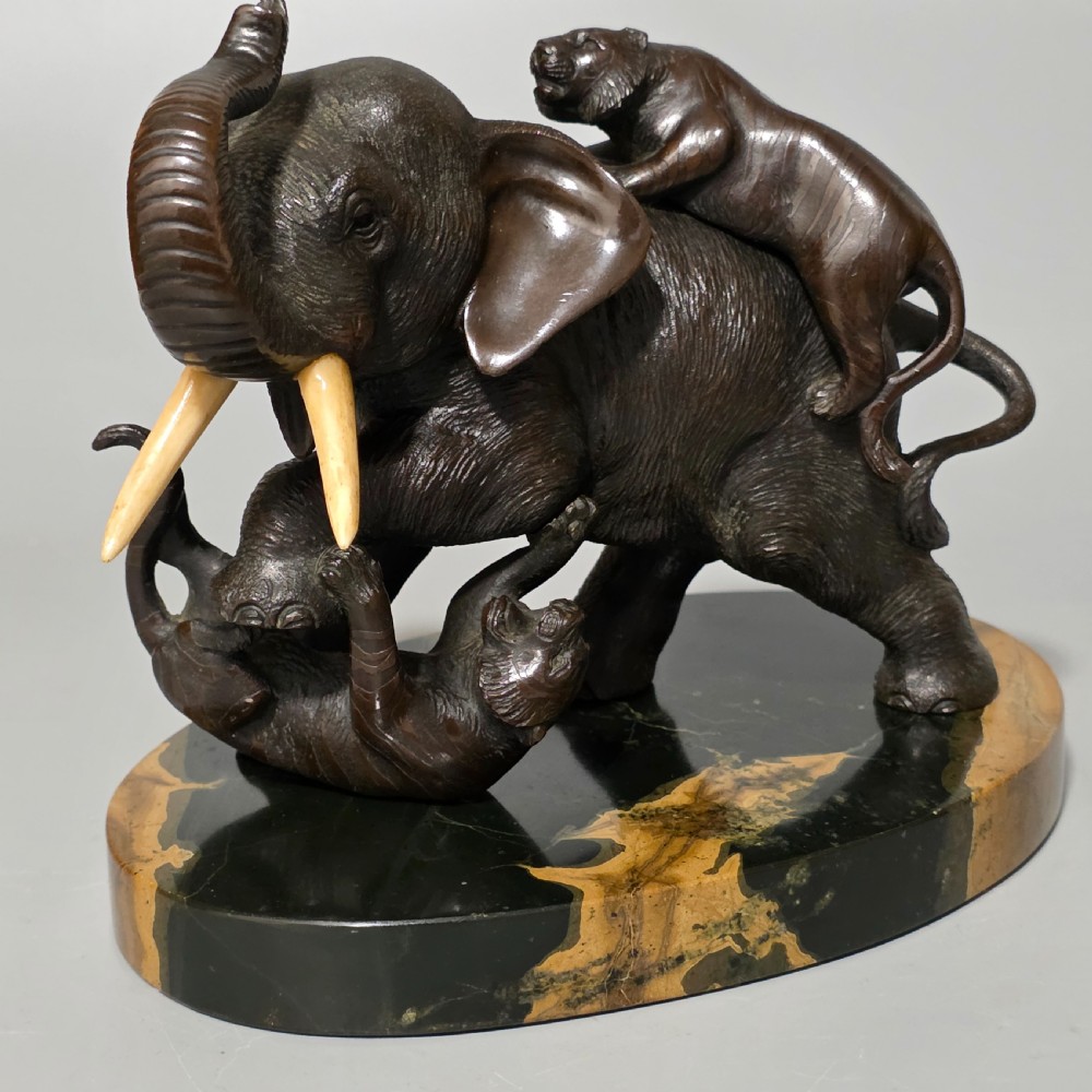 Antique Japanese Bronze Okimono Elephant Fighting Two Tigers, Bone Tusks,  Genryusai Seiya Sasku Meiji Showa View XVI