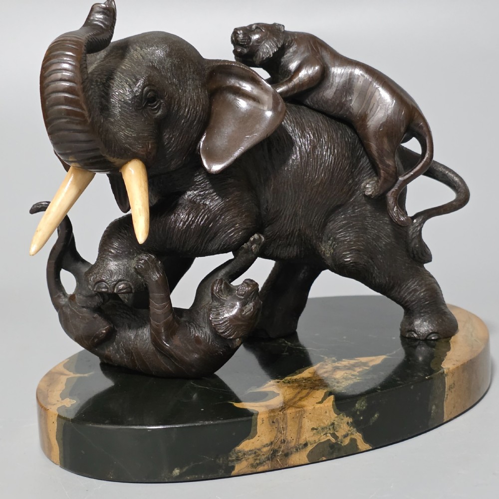 Antique Japanese Bronze Okimono Elephant Fighting Two Tigers, Bone Tusks,  Genryusai Seiya Sasku Meiji Showa View XVII