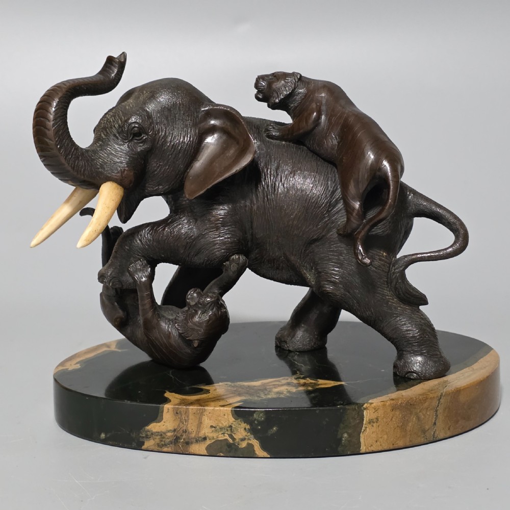 Antique Japanese Bronze Okimono Elephant Fighting Two Tigers, Bone Tusks,  Genryusai Seiya Sasku Meiji Showa View XVIII