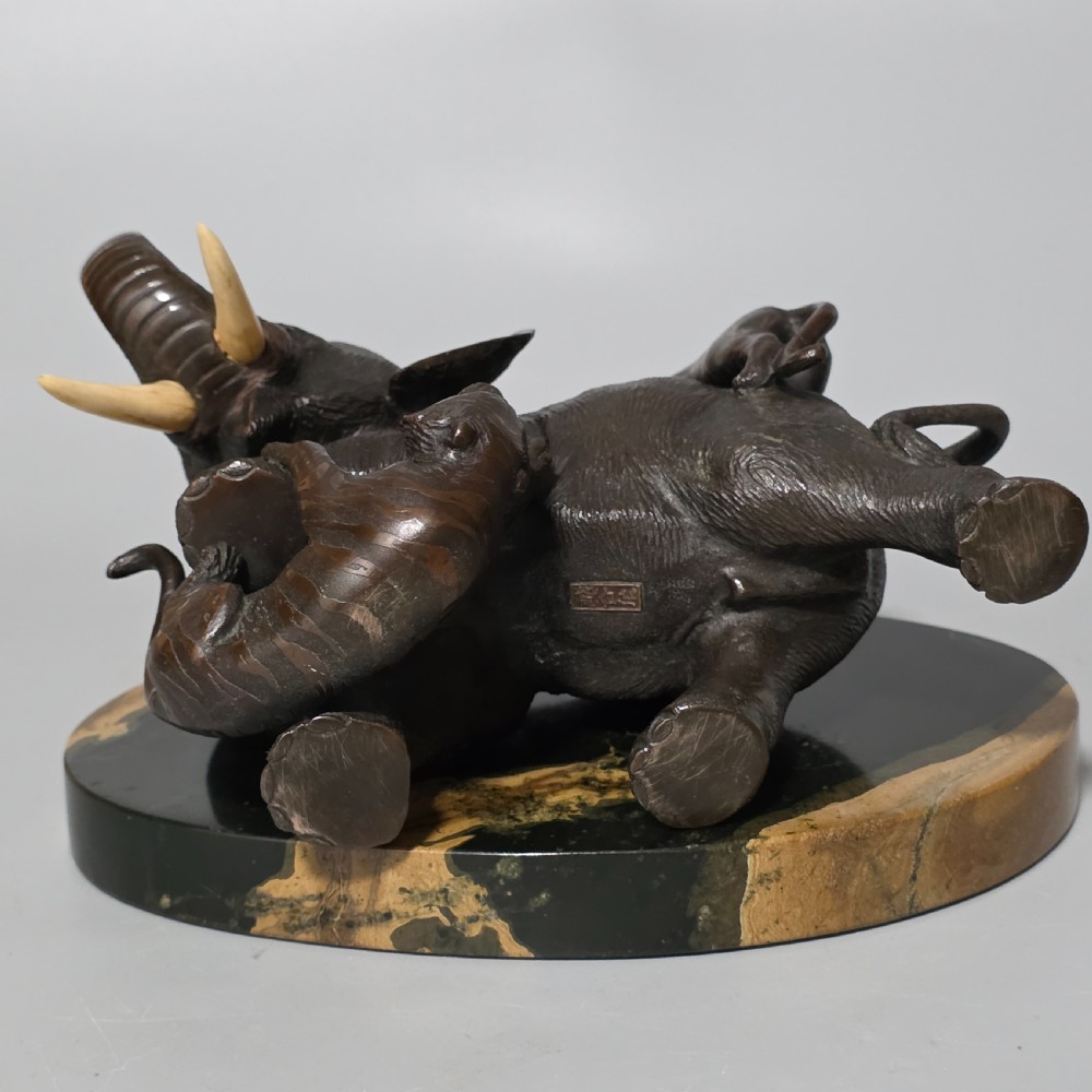 Antique Japanese Bronze Okimono Elephant Fighting Two Tigers, Bone Tusks,  Genryusai Seiya Sasku Meiji Showa View XIX