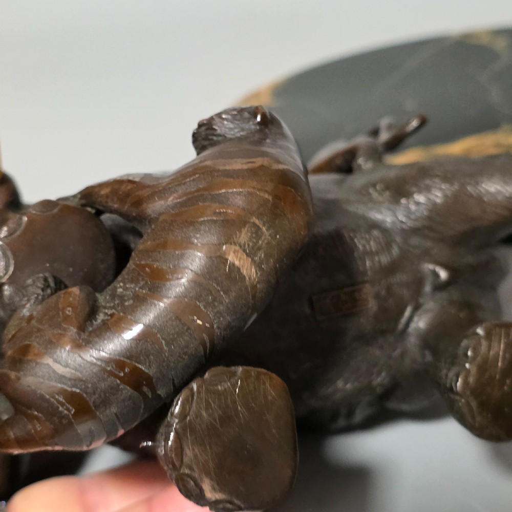 Antique Japanese Bronze Okimono Elephant Fighting Two Tigers, Bone Tusks,  Genryusai Seiya Sasku Meiji Showa View XX
