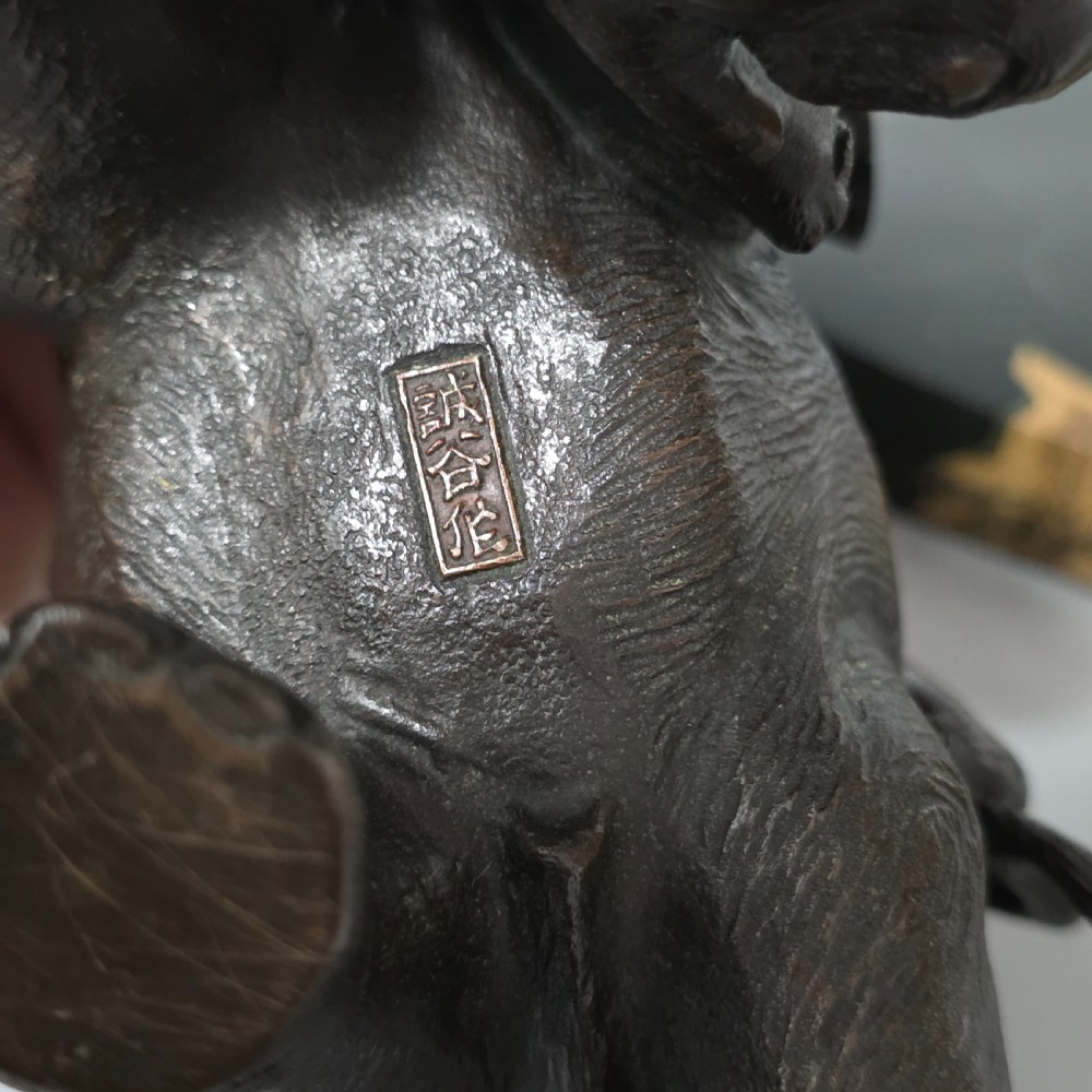 Antique Japanese Bronze Okimono Elephant Fighting Two Tigers, Bone Tusks,  Genryusai Seiya Sasku Meiji Showa View XXI