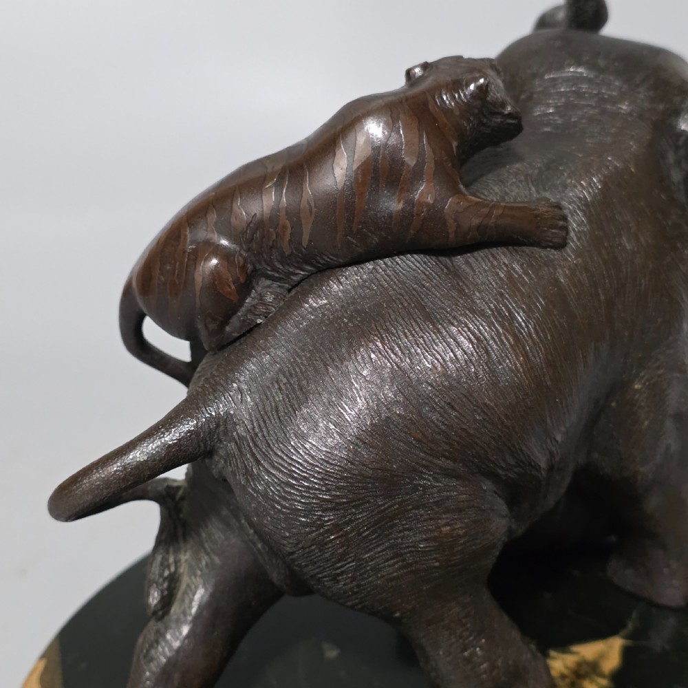 Antique Japanese Bronze Okimono Elephant Fighting Two Tigers, Bone Tusks,  Genryusai Seiya Sasku Meiji Showa View XXIII