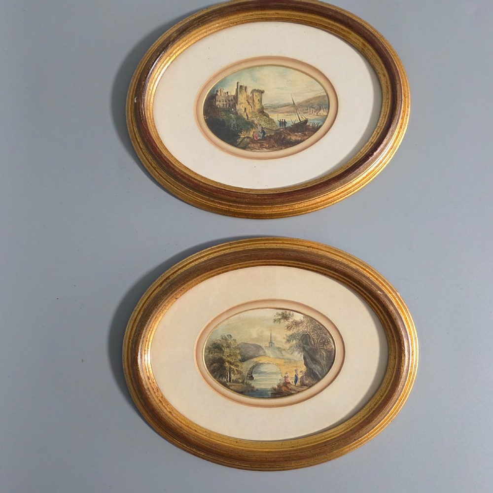 Attractive Pair of 19thc Oval Paintings in Gilded Wooden Frames 23cm x 18cm