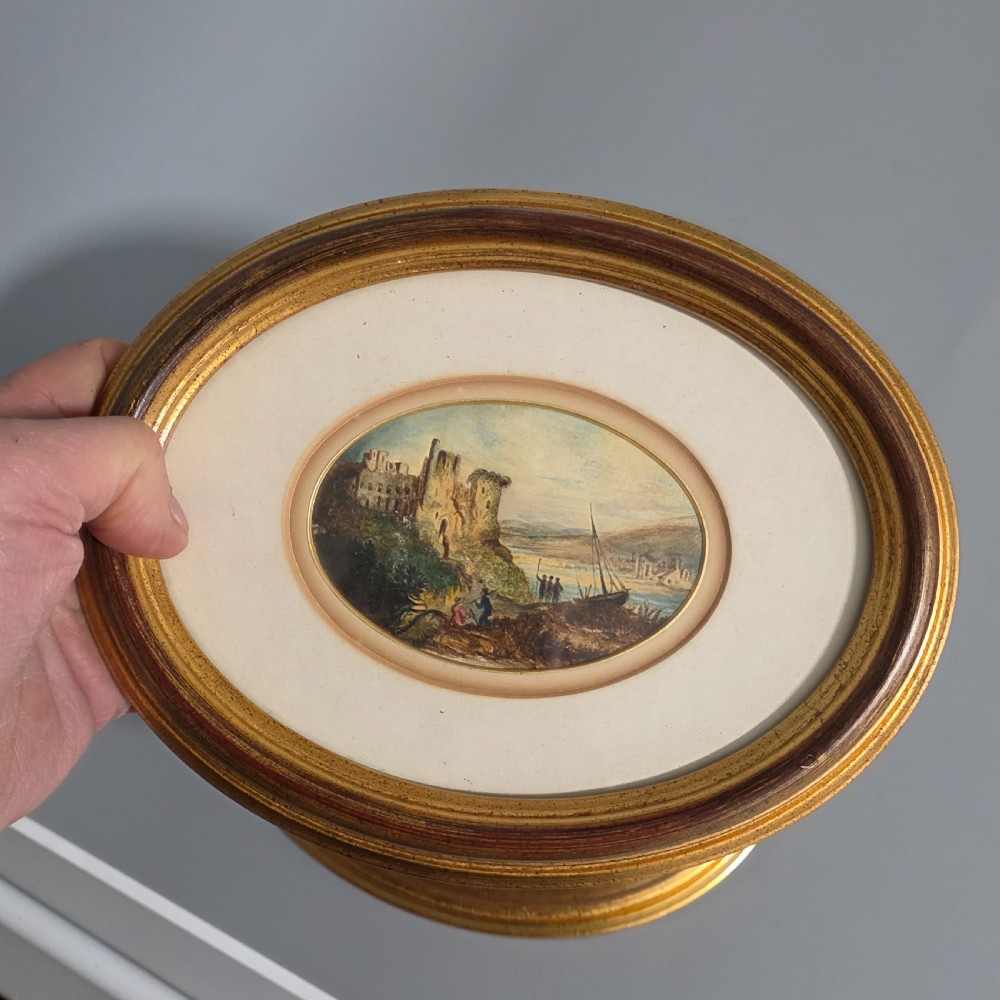 Attractive Pair of 19thc Oval Paintings in Gilded Wooden Frames 23cm x 18cm View V