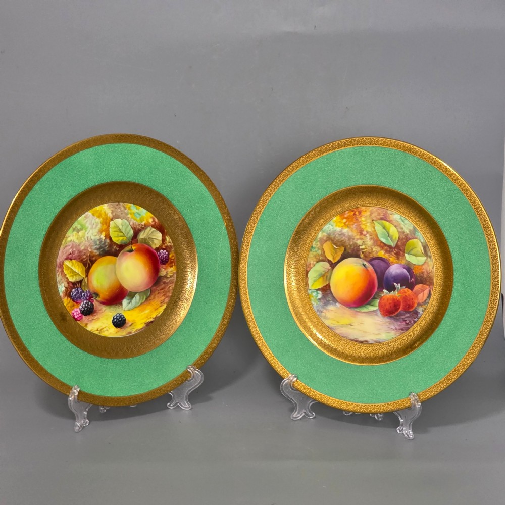 Pair Antique Wedgwood Hand Painted Fruit Plates (27cm) AD Holland Emerald Green Gilt c1910 View II