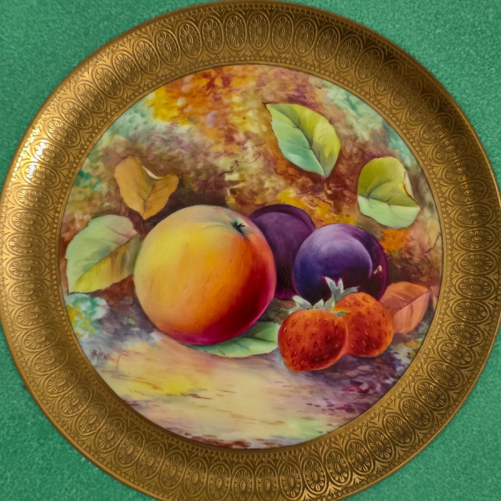 Pair Antique Wedgwood Hand Painted Fruit Plates (27cm) AD Holland Emerald Green Gilt c1910 View III