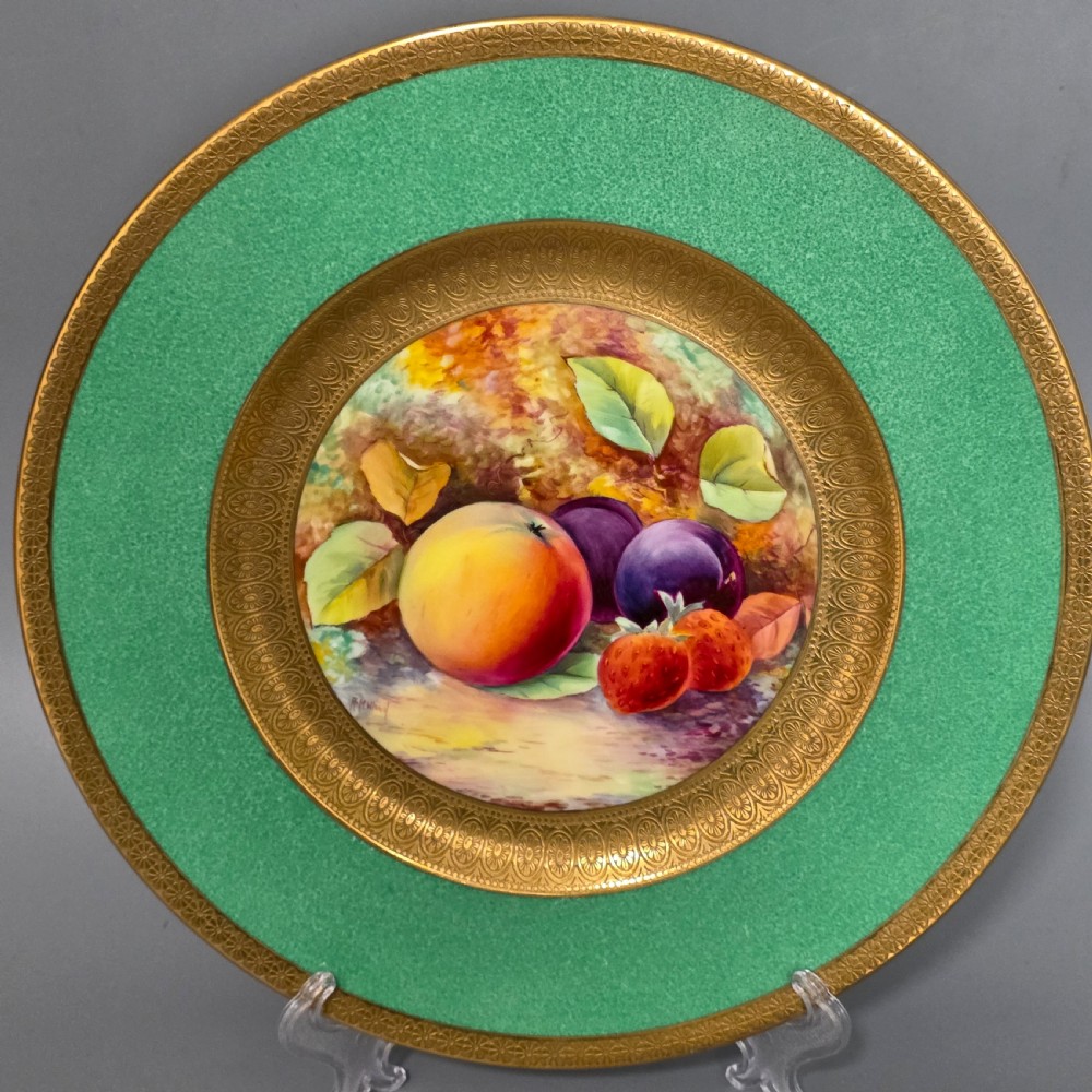 Pair Antique Wedgwood Hand Painted Fruit Plates (27cm) AD Holland Emerald Green Gilt c1910 View V