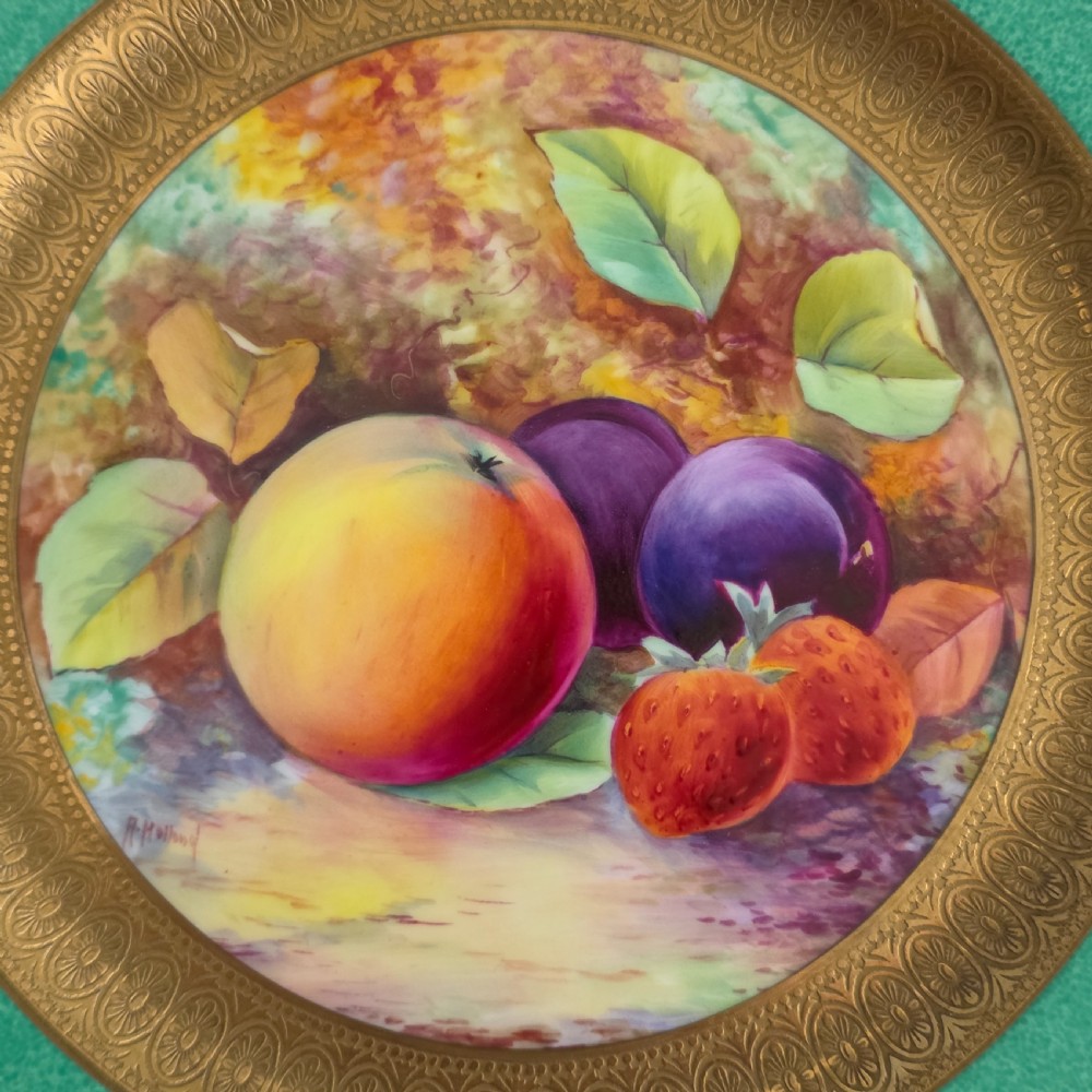 Pair Antique Wedgwood Hand Painted Fruit Plates (27cm) AD Holland Emerald Green Gilt c1910 View VII