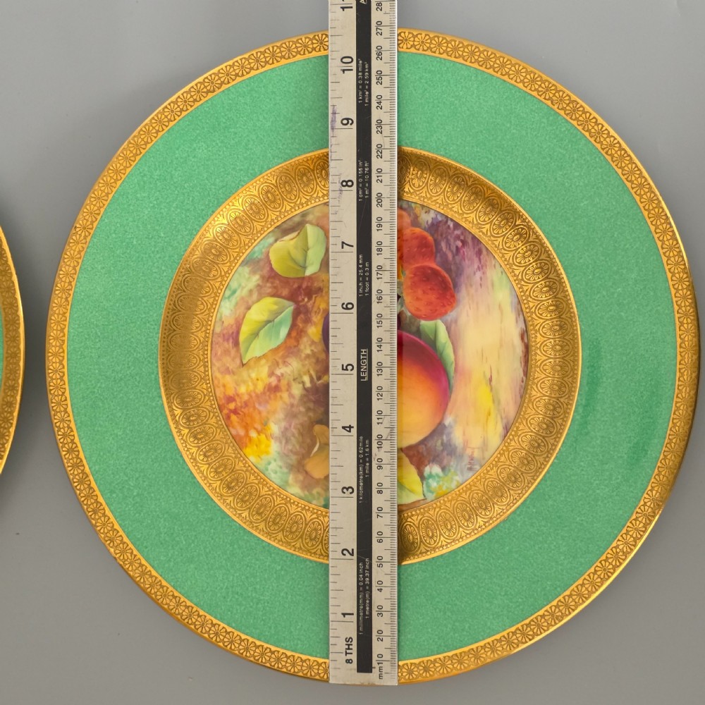 Pair Antique Wedgwood Hand Painted Fruit Plates (27cm) AD Holland Emerald Green Gilt c1910 View VIII