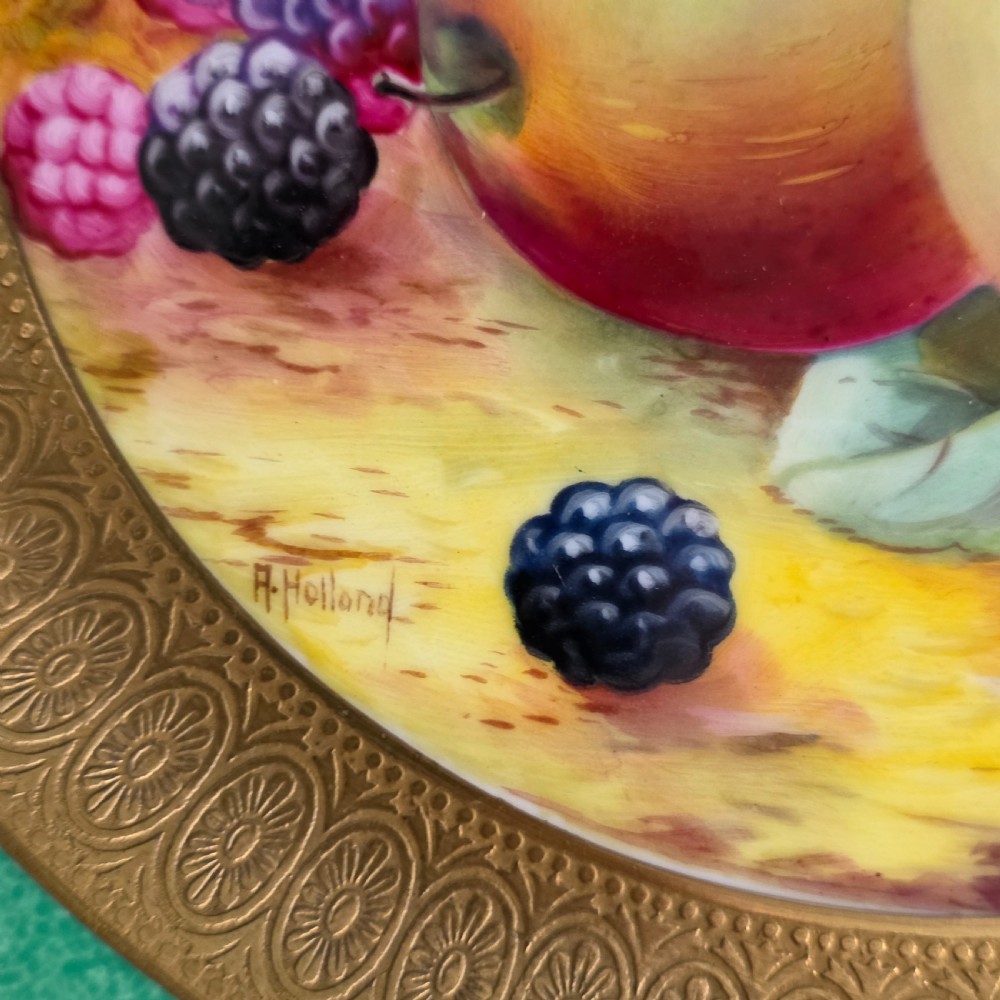 Pair Antique Wedgwood Hand Painted Fruit Plates (27cm) AD Holland Emerald Green Gilt c1910 View XI